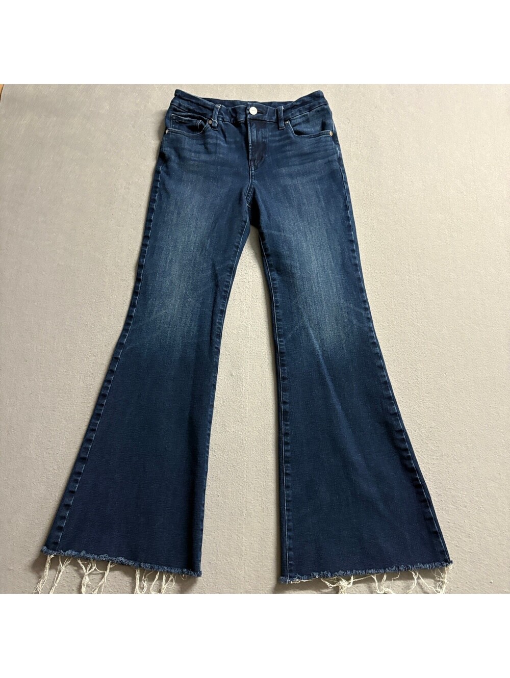 Express 70s Flare Jeans Womens Size S Short Blue High Stretch Raw Hem Mid Rise